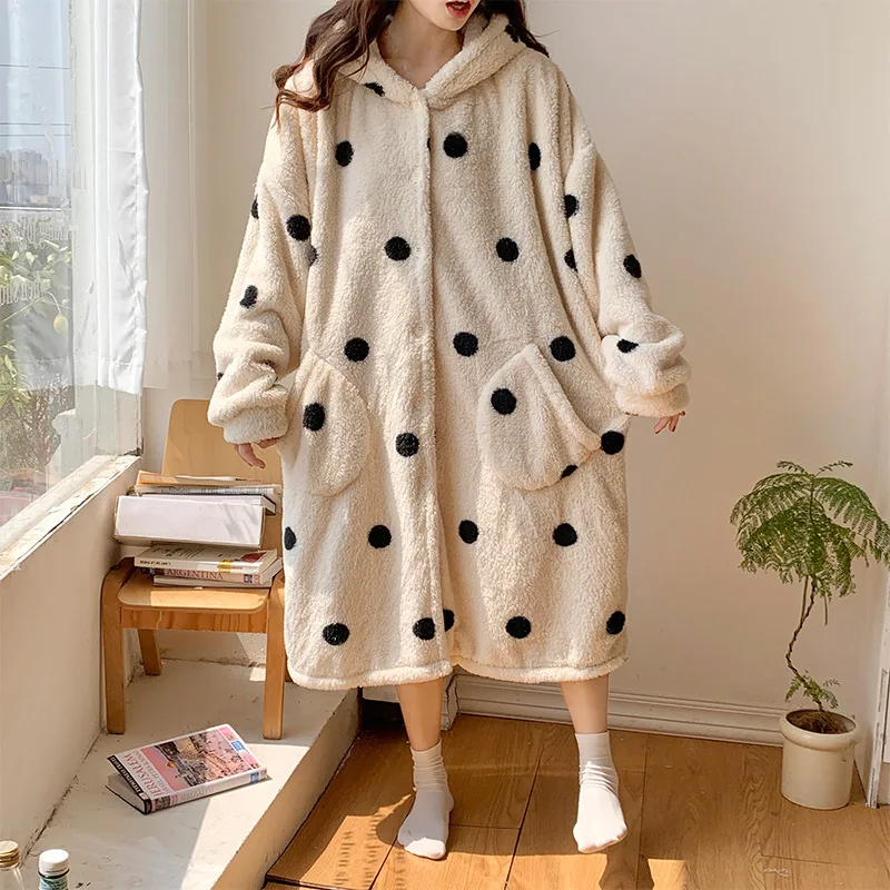 Polka Dot Nightdress Women's Sexy Bathrobe Hooded Nightgown Thickened Flannel Warm Sleepwear Coral Fleece Home Wear Loungewear