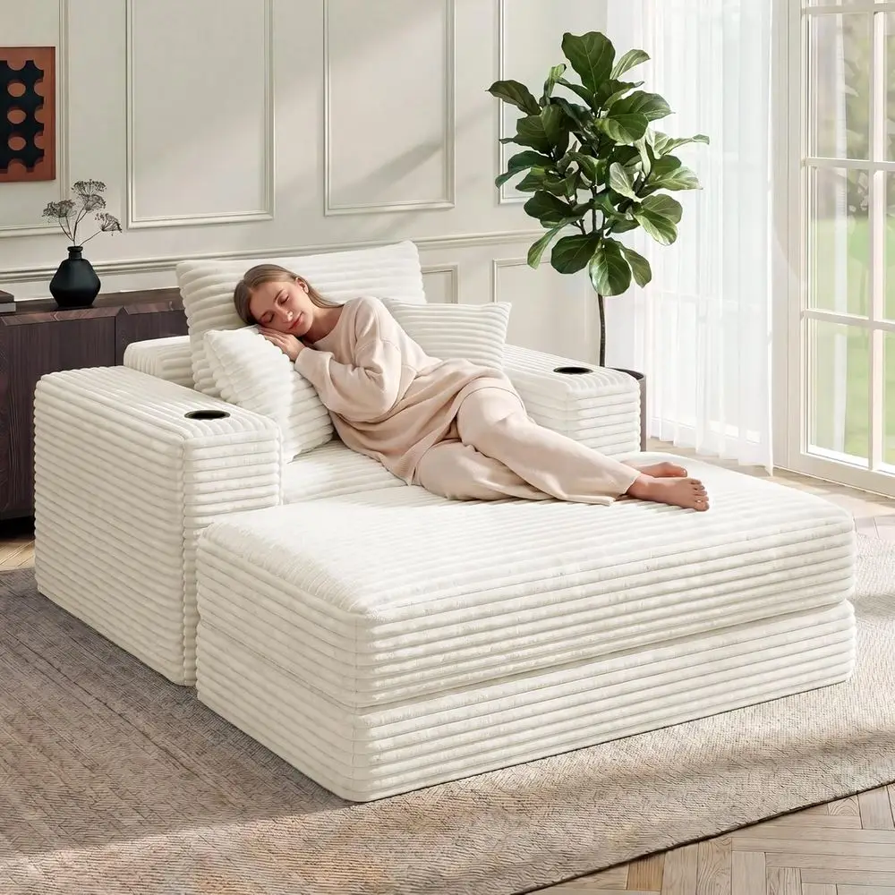 

62" Oversized Chaise Lounge Chair Indoor, luy Corduroy Upholstered BonelCouch, Convertible Sleeper Soa Bed & Reading Chair, Clou