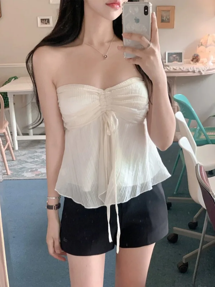 Korejepo New Chiffon Top Suits 2024 Summer Super Fairy Sexy One Shoulder Bra Top Long Sleeve Cardigan Set Beautiful Clothes