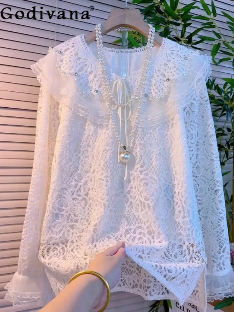 

Плюс размер Лолита для девочек, осенняя модная милая крутая футболка с длинными рукавами, милый возрастной универсальный бежевый свободный топ с воротником Питера Пэна