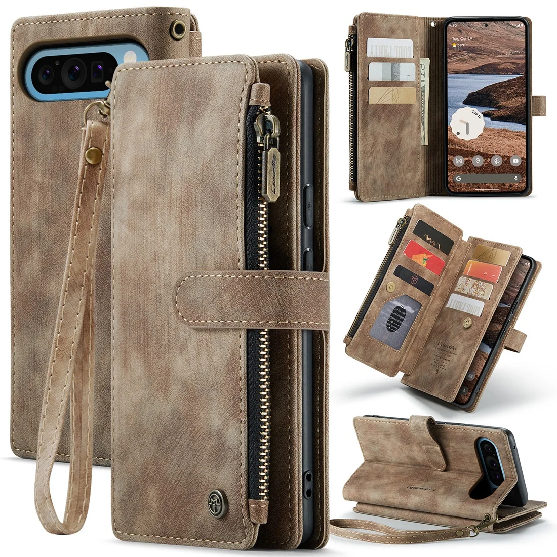 

Pixel 10 Pro XL/Pixel 10 Встроенный держатель для карт Кошелек для телефона Кожаный чехол-подставка для Google Pixel 9 Pro XL, ремешок на запястье Pixel 9