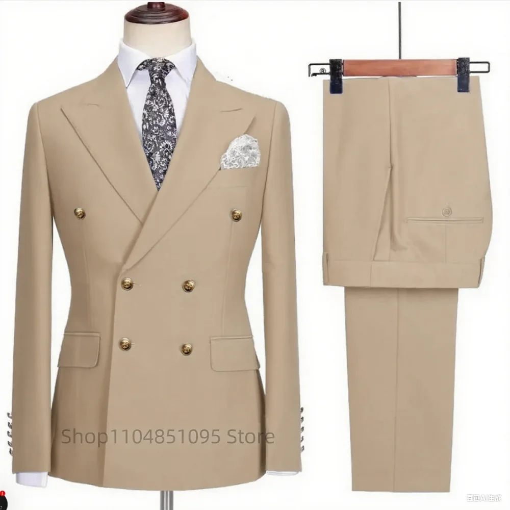 

Мужские костюмы цвета хаки, модные формальные мужские деловые свадебные смокинги для жениха, двубортный пиджак с пиковыми лацканами, брюки