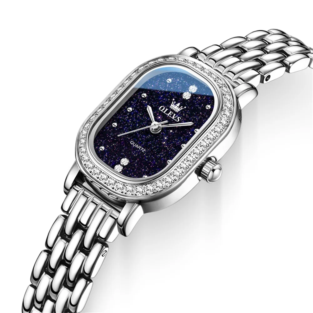 OLEVS Women Quartz Watch Oval Diamond Bezel Starry Sky Dial Stainless Steel Bracelet Ladies Fashion Wristwatch Female Gift