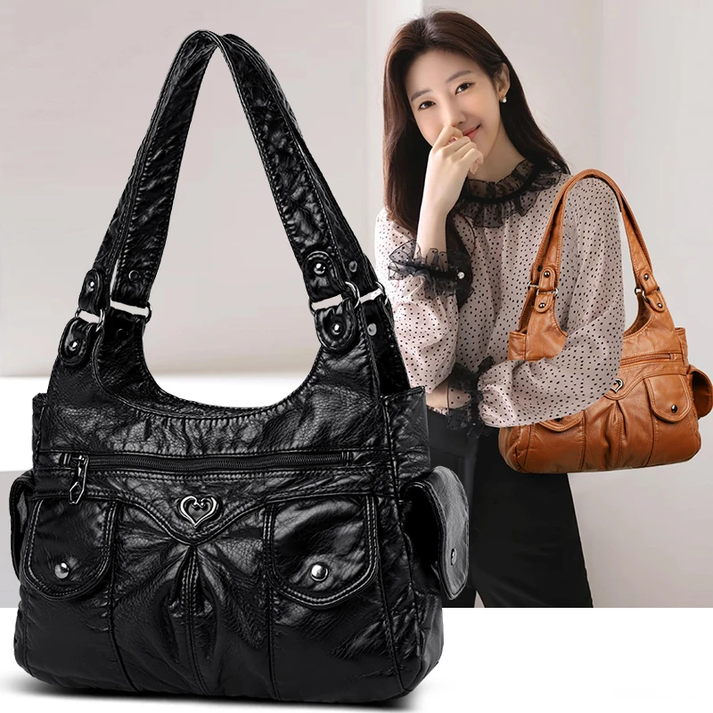 Bolso de mano Vintage de cuero suave para mujer, bolsa de un solo hombro con múltiples compartimentos, informal, 2024