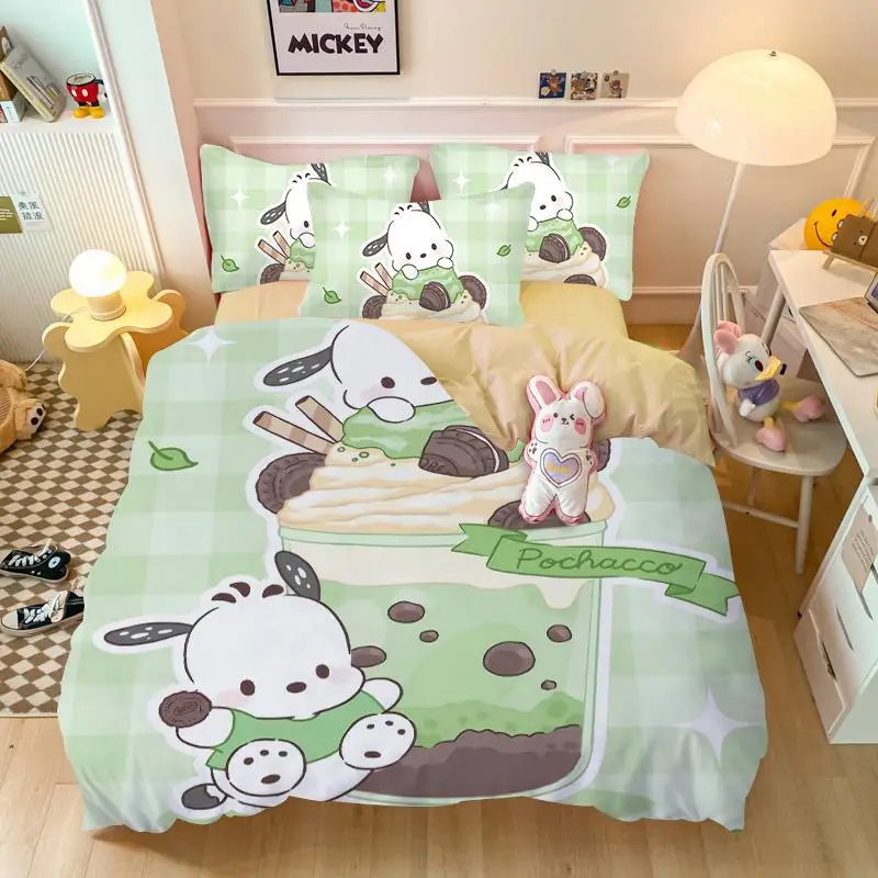 Pochacco Cinnamoroll Melody Kuromi Cotton Four-Piece Set Anime Cartoon Single Bed Sheets Quilt Cover Bedclothes Home Textile