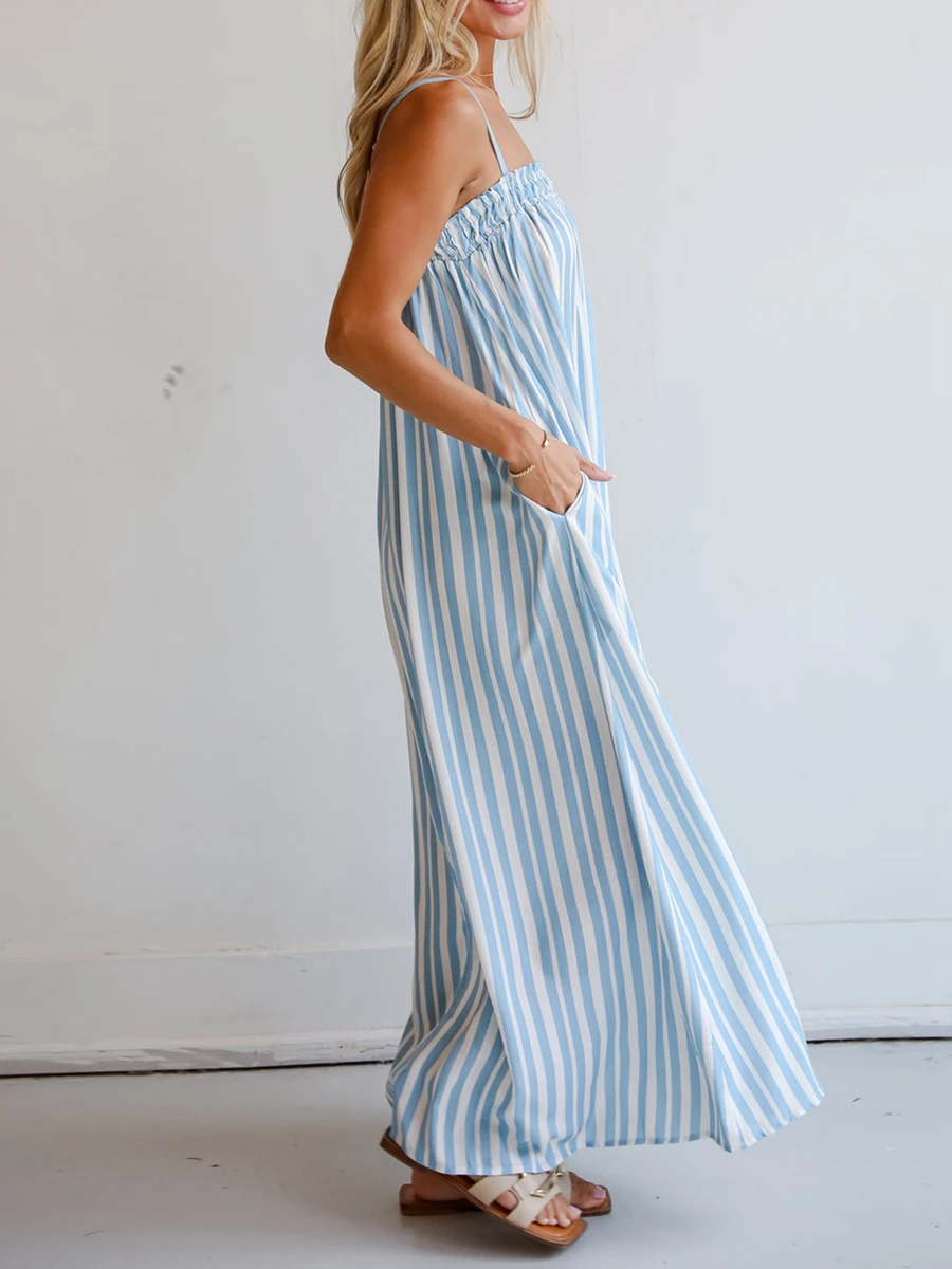 Women Striped Print Dress Spaghetti Strap Sleeveless Square Neck Backless Smocked Beach Dresses