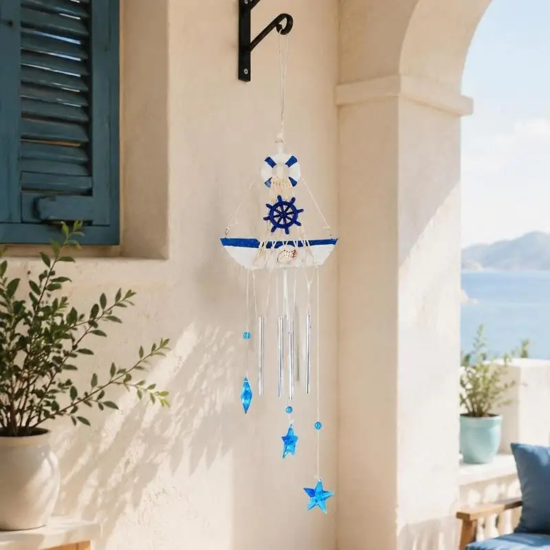 Sailboats Wind Chimes with Star Charm for Balconies or Windowsill Hanging Decors 55KF