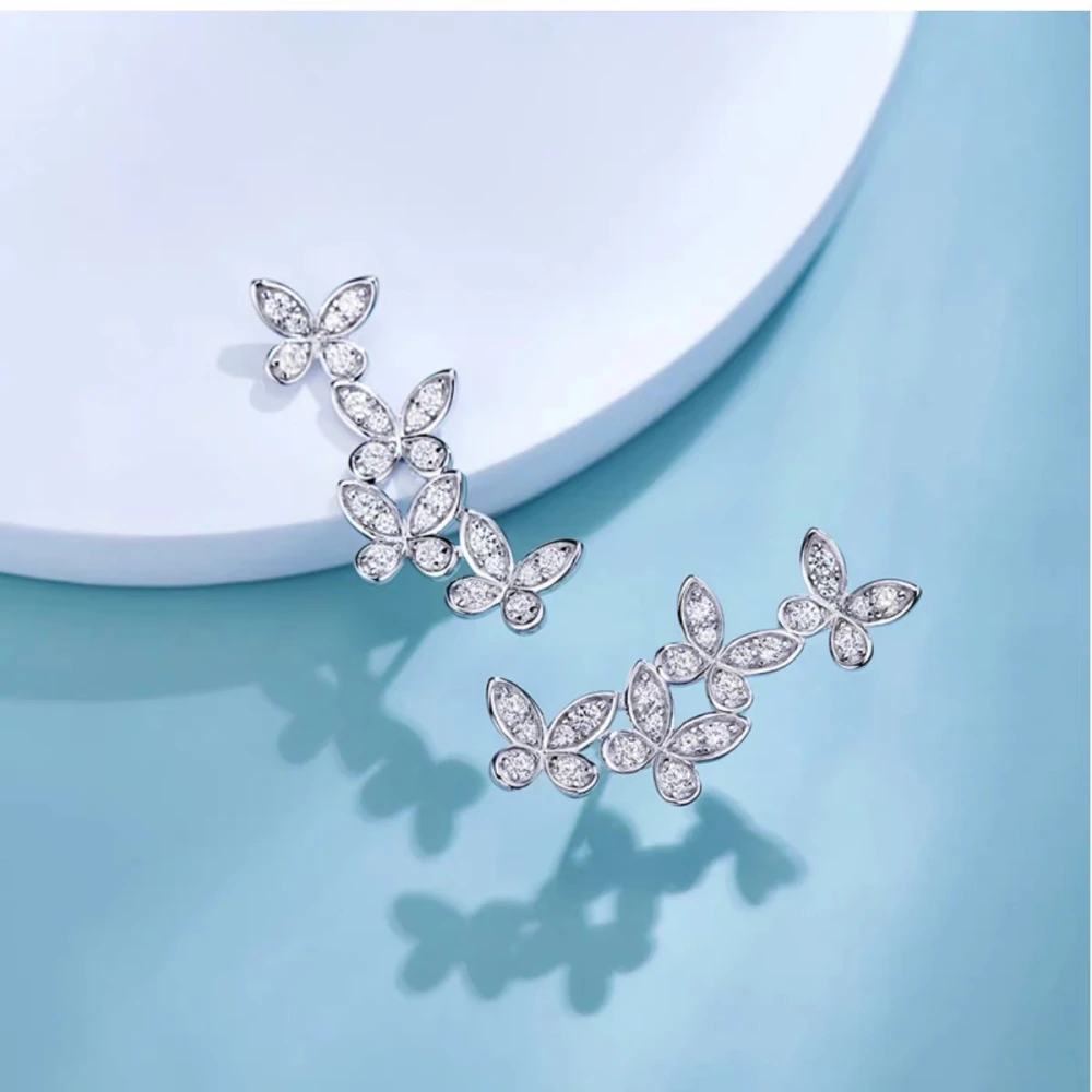 Four Butterfly Clusters Zircon Earrings Female S925 Sterling Silver Sparkle High Fashion Delicate