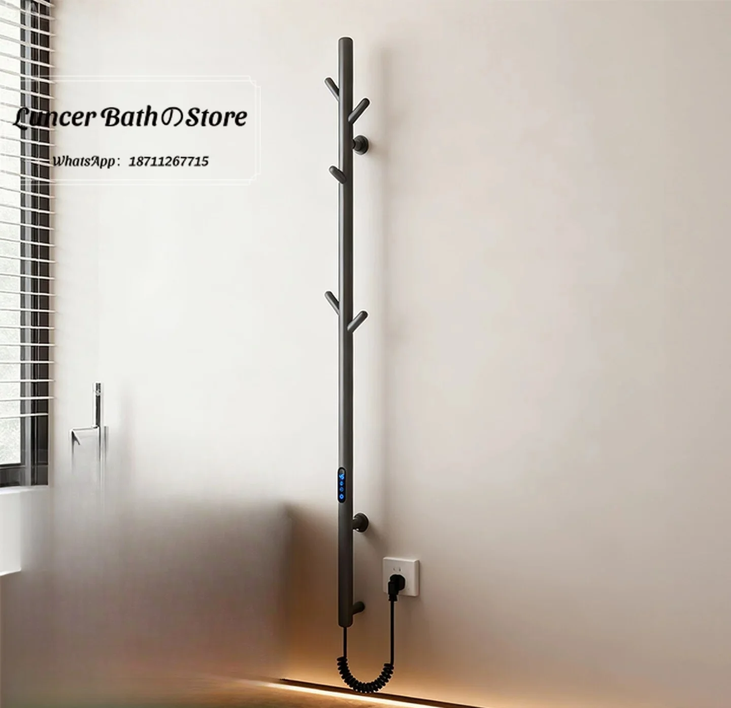 Vertical Rod Electric Hot Towel Rack for Bathtub Heating, Drying Bathrobe and Bath Towel, No Hole Drilling, Storage Shelf
