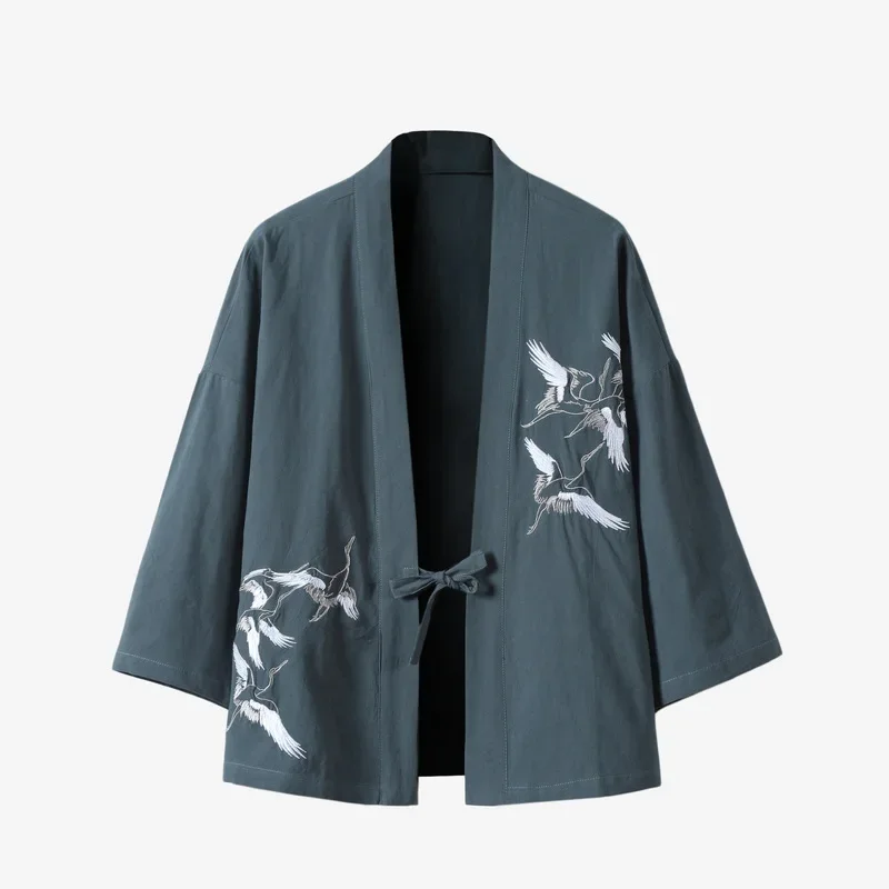 Japanese Style Kimono Robes Traditional Crane Print Haori Cardigan Asian Clothes Samurai Yukata Men Jackets Hip Hop Streetwear