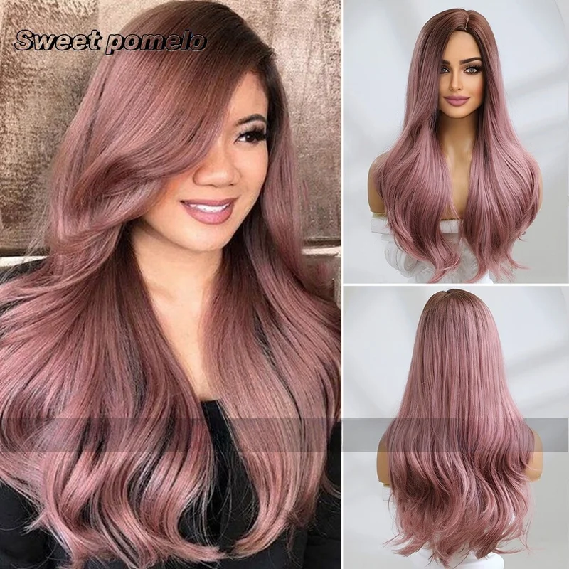 Wig brown pink gradient long hair temperament chemical fiber hair wig woman