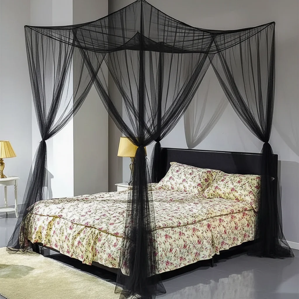 

Bed Canopy Full Queen/King Size Polyester Mosquito Net for Twin Bed Curtains Four Door Square Netting Black Color
