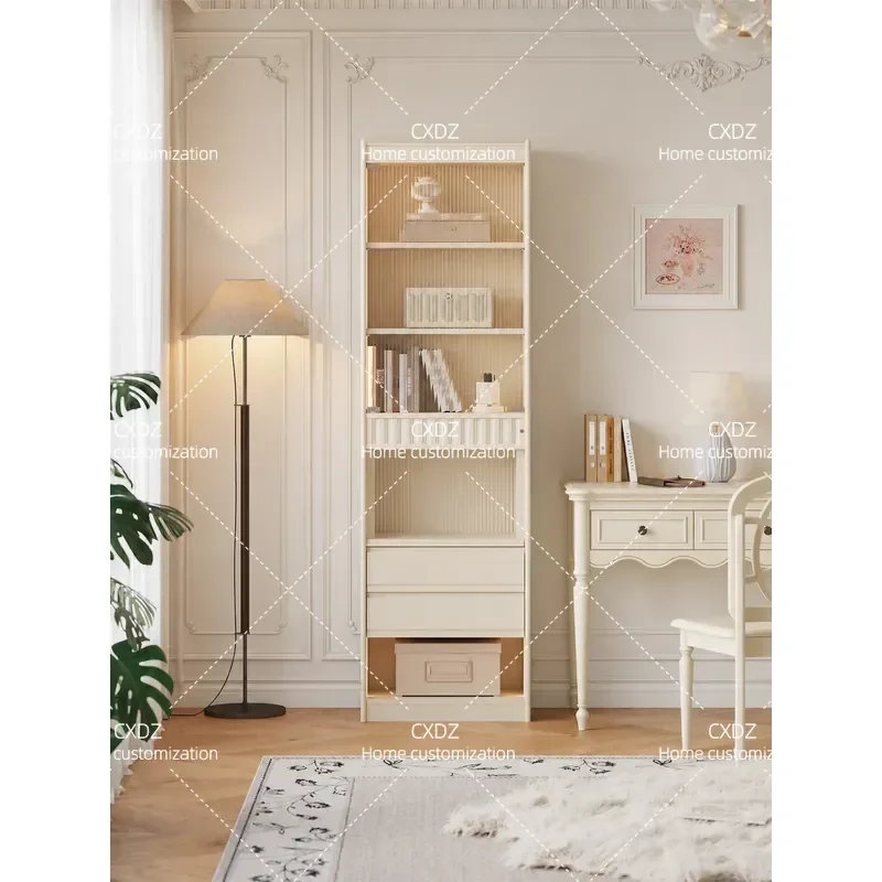 French Cream Style Bookcase Study with Smart Touch Light with Storage Bookshelf Household White Solid Wood Locker