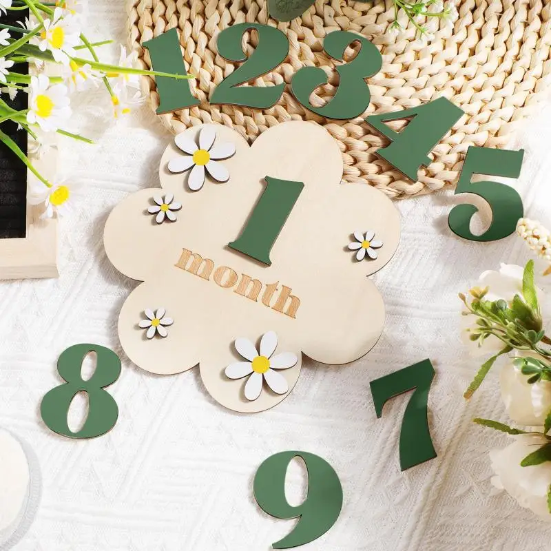[J] Wooden Baby Monthly Milestone Cards Flowers Double Sides Number Month Girls Boys Newborn Photography Props Accessories