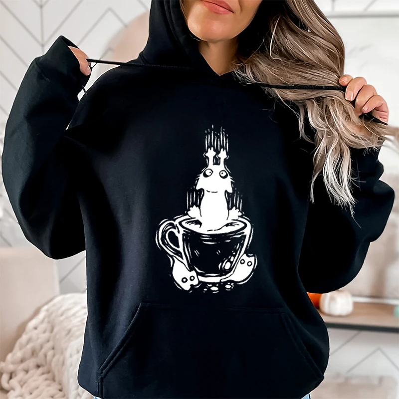 Autumn Hoodie Women Creative Coffee Cats Graphic Sweatshirt Female Cat Lover Hooded Funny Animal Kitten Fashion Y2K Sudadera