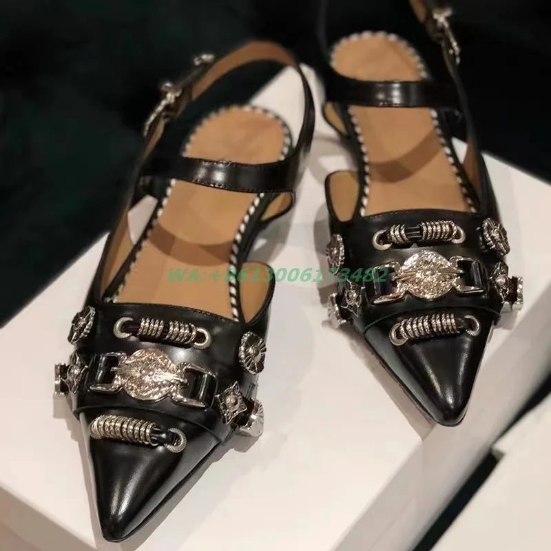 Retro Metal Decor Chain Woman Pointed Toe Sandals Wrapped Toe Buckle Strap Slingback Flat Pumps Black Summer New Ladies Shoes