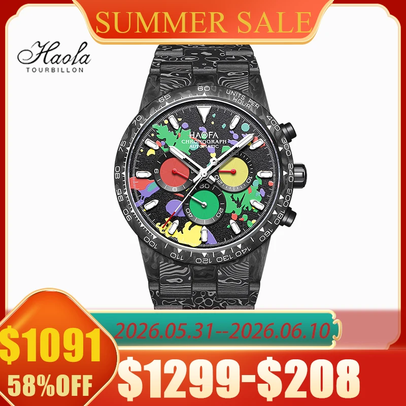 Haofa Watch for Men Full Carbon Fiber Chronograph Automatic Mechanical Watch Sapphire Waterproof Wristwatch Multifunction 2366-1