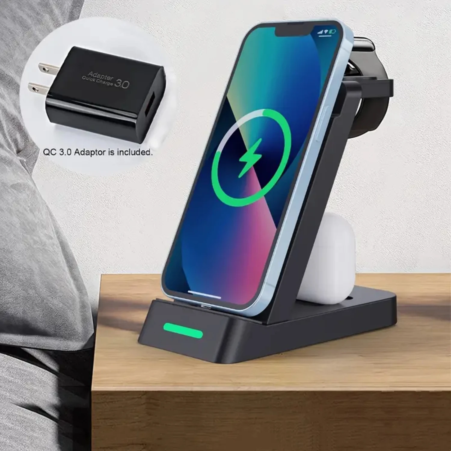 Ultimate Efficient and Quick Multifunctional 3-In-1 Wireless Charger Station with QC3.0 Adaptor for iPhone, iWatch, and AirPods