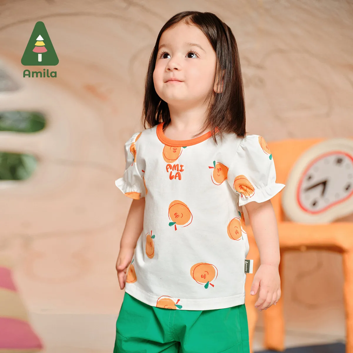 Amila 2024 Summer New Girls T-shirt Cartoon Fruit Full Print Comfortable Pure Cotton Breathable Crewneck Short Sleeve Kids Top 0