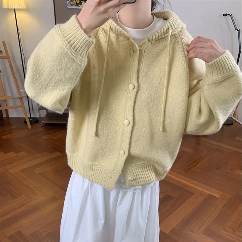 

Women's Clothing Solid Hooded Fashion Button Knitted Cardigan Autumn Winter Basic Loose Casual Thick Warm Wool Sweaters Tops