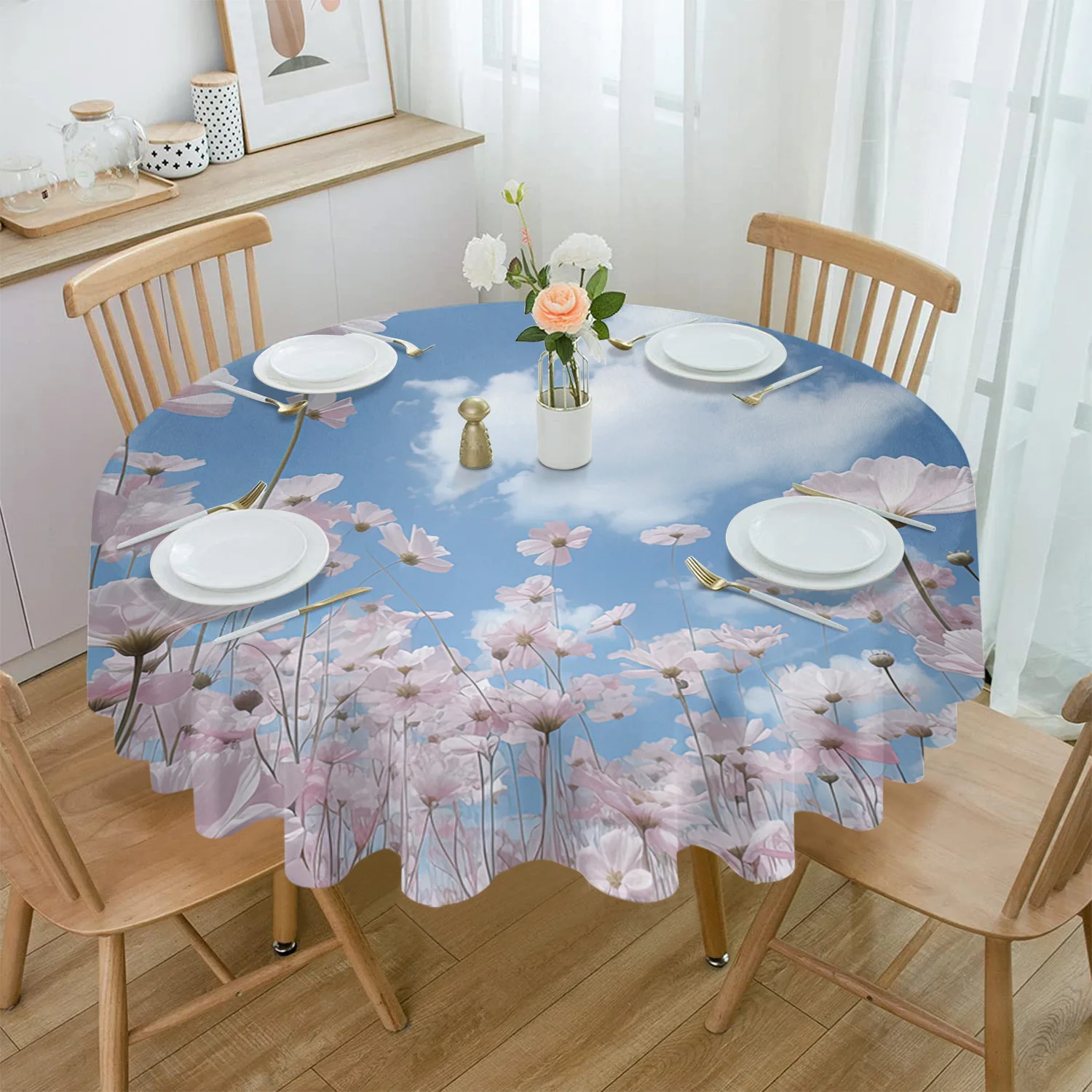 

Blue Sky Clouds Flowers Round Tablecloth Waterproof Wedding Party Table Cover Holiday Dining Table Tablecloth