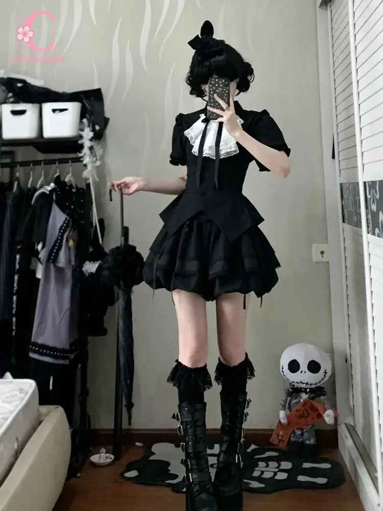 

Gothic Vintage Punk Princess 2 Piece Set Women Puff Sleeve Lace Bow Top Mini Bloom Skirt Streetwear Party Outfit New