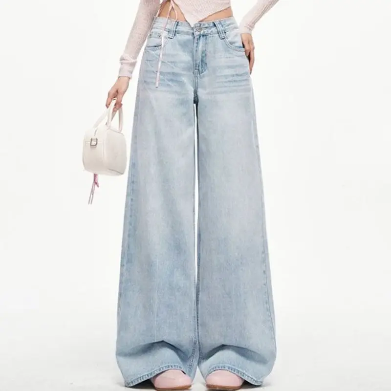 Light Blue Wide-leg Pants Jeans For Women Small Men High Waists Loose And Thin Korean Version Of Simple Floor Pants Are Popular
