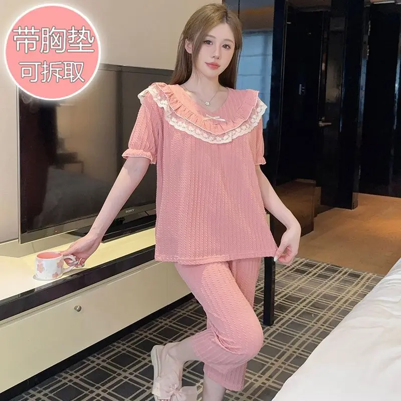 

Plus Size Pajamas Set Women Summer Princess Style Cotton Sleepwear with Chest Pad Short-sleeved Tops Five-point Pants Loungewear