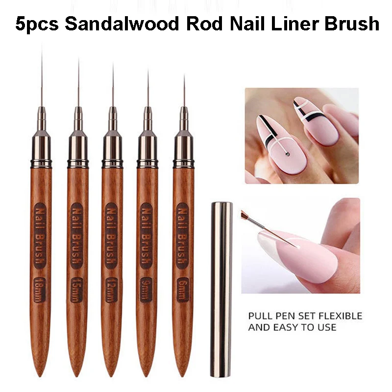 5pcs Round Wood Handle Art Liner DIY Painting Brushes 6/9/12/15/18MM Sandalwood Lines Stripe Painting Flower Pen Manicure Tools