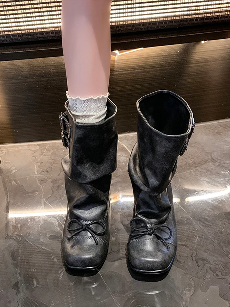 karakum-レディース-ショートブーツ-春夏新スタイル-バレエ-レトロ-スクエアヘッド-ベルトバックル-厚底-ブラック-折りたたみブーツ