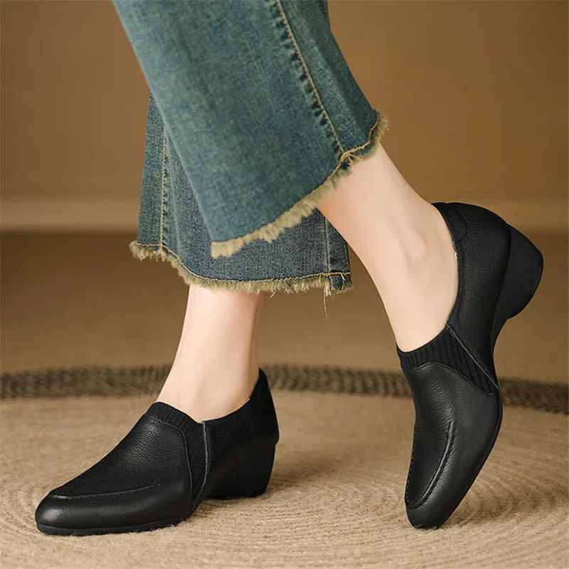 New Spring/Autumn Women Loafers Genuine Leather Shoes for Women Fashion Round Toe Chunky Heel Shoes Casual Slip-on Women Pumps