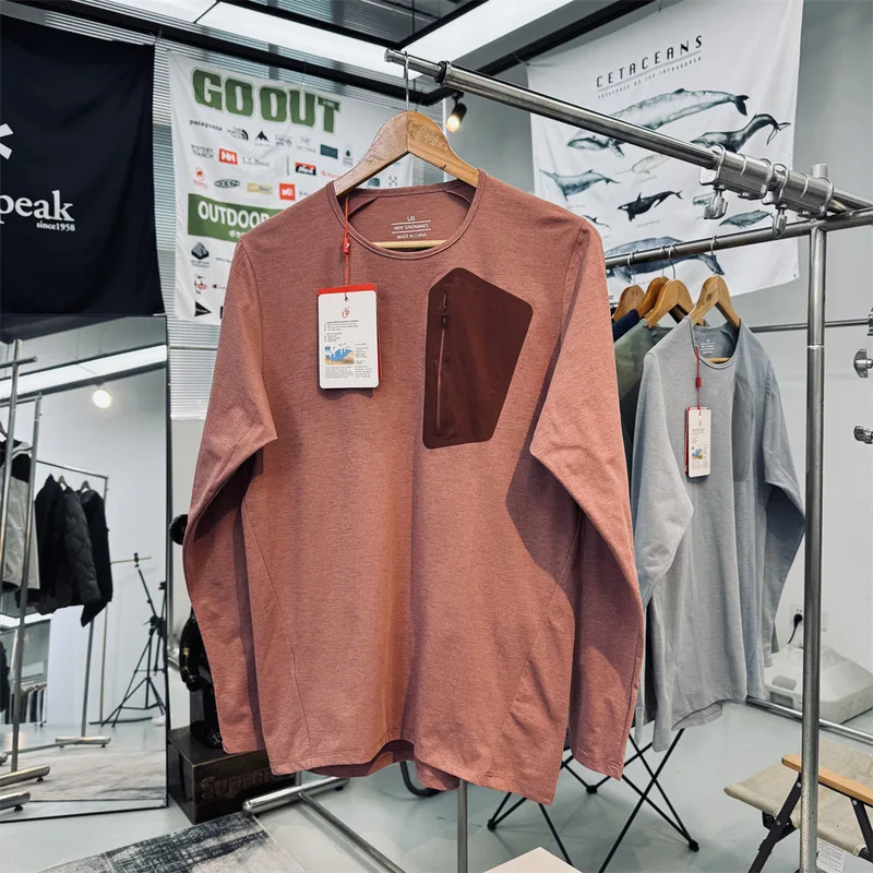 Camiseta de manga comprida para homem, com gola redonda e bolso com fecho, ideal para atividades ao ar livre, de secagem rápida, para caminhadas, corr