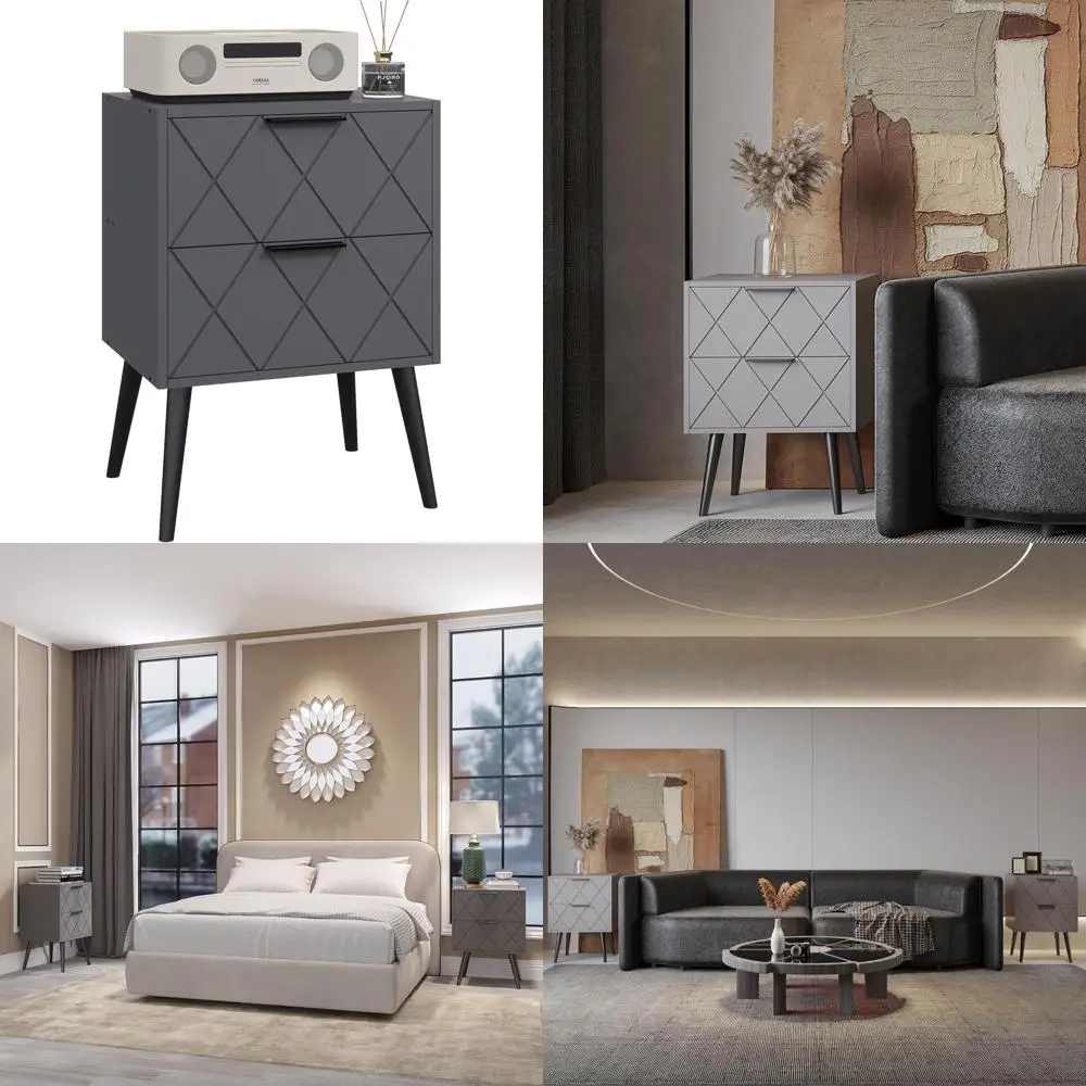 

Современная серая деревянная тумбочка с 2 ящиками, прикроватная тумбочка с местом для хранения вещей для гостиной и спальни