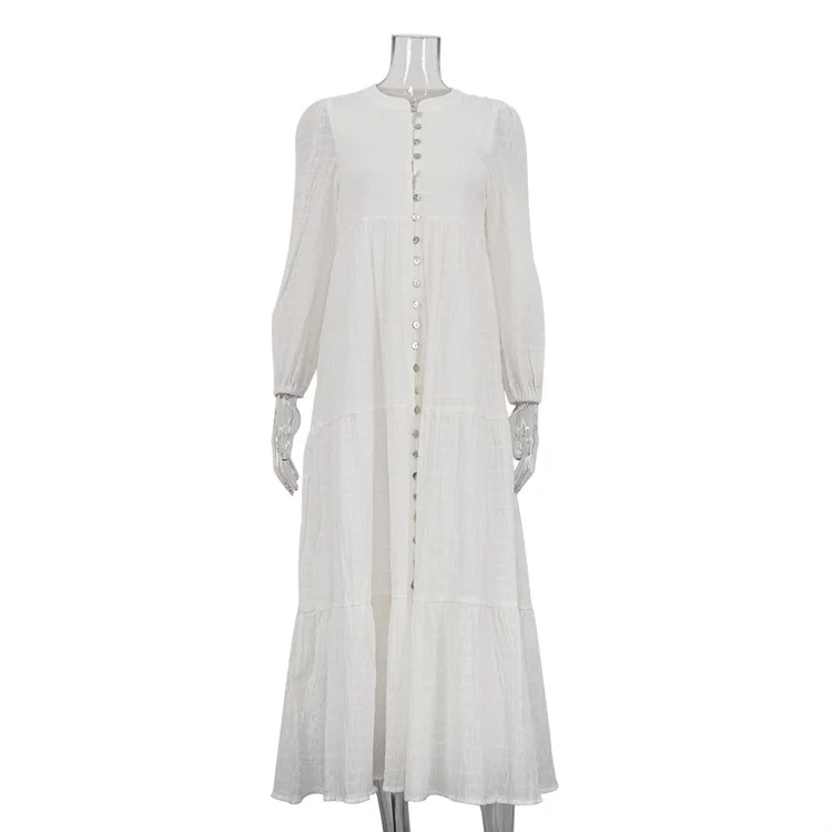2025 nuevo vestido Casual plisado de algodón francés para mujer, cárdigan de manga larga con cuello redondo, vestido largo blanco, vestidos bohemios para vacaciones en la playa