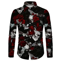 Chemises graphiques tête de mort roses vintage pour hommes, impression 3D, modules gothiques, chemise leton à manches longues, vêtements pour hommes, chemises à boutons hip-hop décontractés