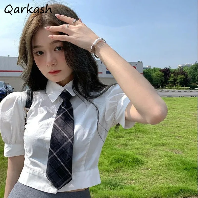 

Preppy White Shirts with Tie Women Aesthetic Cute Summer Crop Tops All-match Stylish Temperament New Style Students Clothing Ins