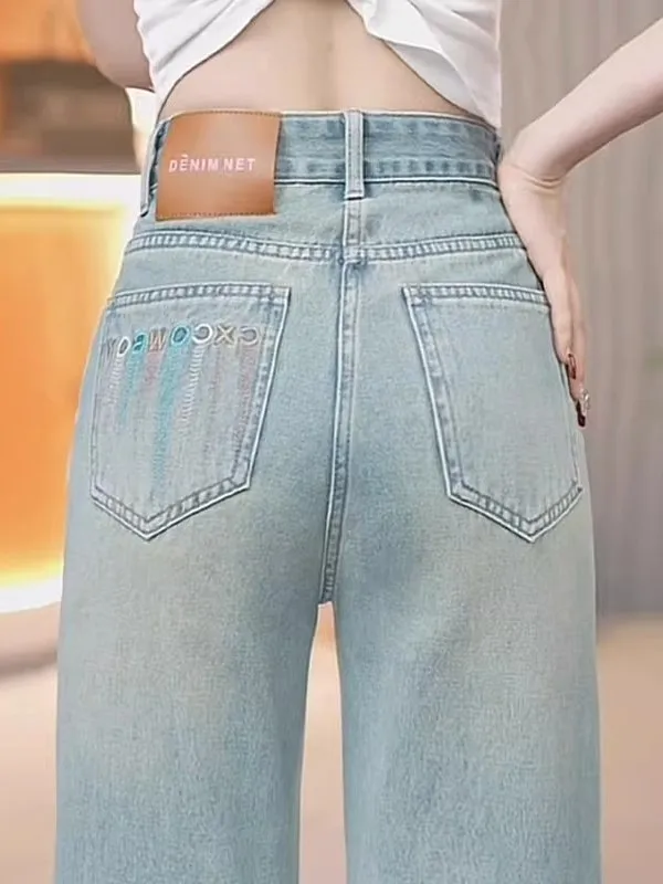 

Light Wash Denim Wide Leg Pants Women's Spring Autumn New High Waist Fashion Embroidery Small Size Slim Straight Cut Trousers