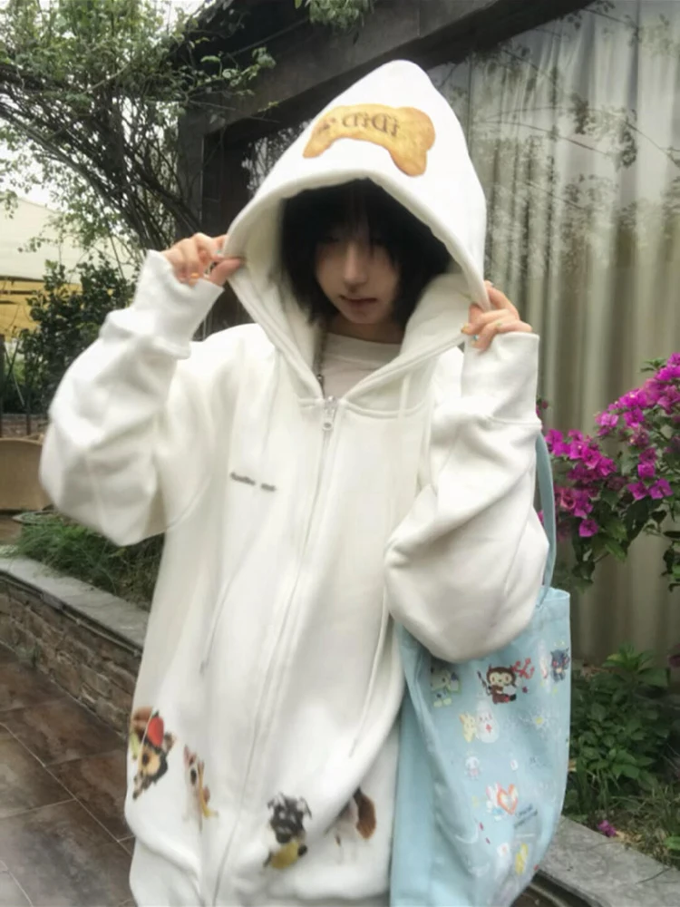 Niedlicher Kapuzenpullover mit Hundeknochen-Aufdruck für Damen, Übergröße, FCE-gefüttert, verdickte Herbst-Winter-Oberbekleidung, Strickjacke, lang, Sve-Reißverschluss