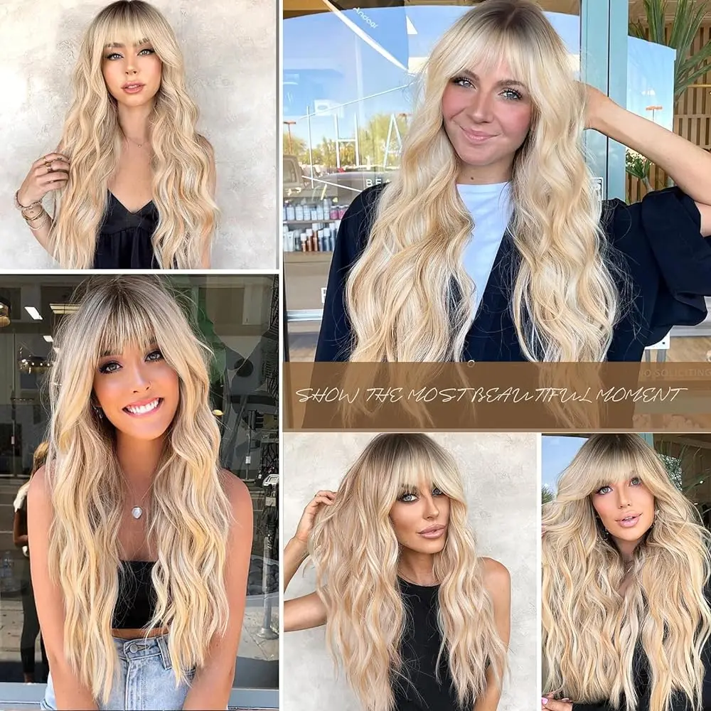 Long Blonde Ombre Brown Synthetic Wigs Water Wavy Platinum Wigs with Bang Hair Wig for Women Daily Cosplay Party Heat Resistant