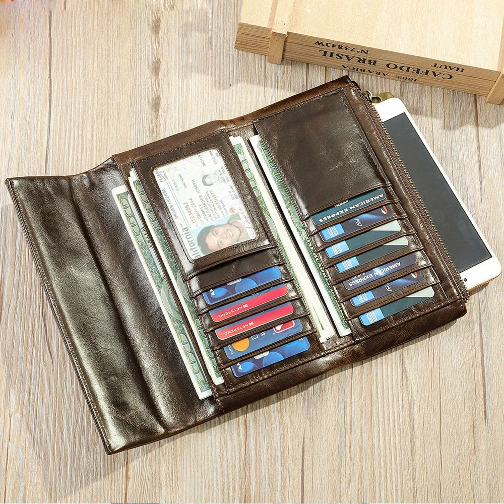 2024 New Vintage Business Men's Long Wallets Natural Real Leather Male Cow Genuine Leather Cash Purses Clutch Men Card Holders