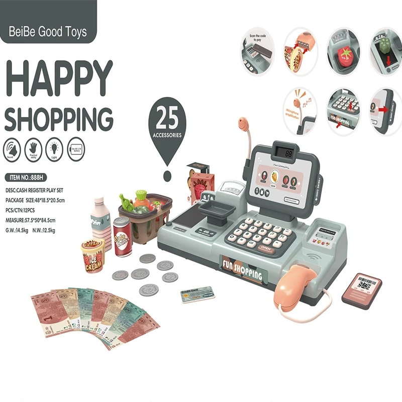 25Pcs Pretend Play Mini Simulation Electronic Supermarket Cash Register Kits Toys Multifunctional Kids Role Play Set