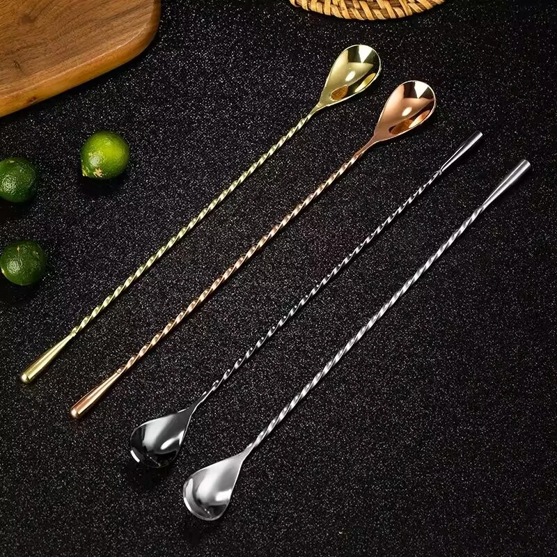 

12pcs Cocktail Spoon Bar Spoon Stainless Steel Mixing Spiral Pattern Bar Teadrop Spoon Barware