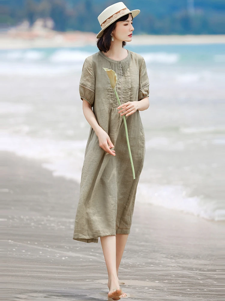 

100% Ramie Women Casual Dress New Arrival 2026 Summer O-neck Solid Color Loose Comfortable Female A-line Long Dresses M2619