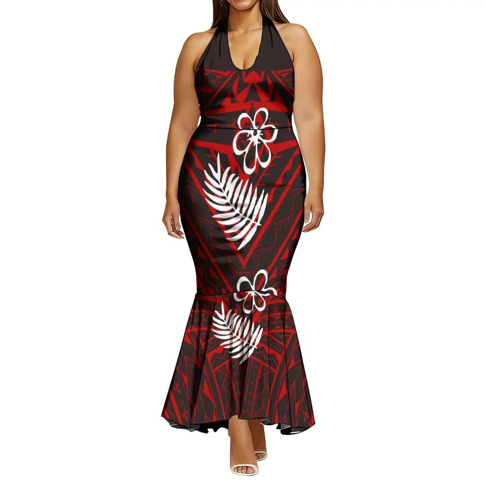 Long Slim And Sexy Fishtail Dress With A Lace-Up Design Is Custom-Made For Women In Polynesia It Features A Tribal Design