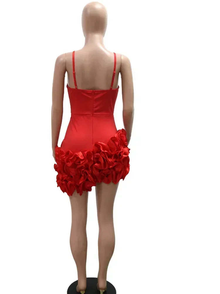 Beautiful Red Ruffle Mini Dress Women Luxury Evening Dress Glam Straps Fitted Chirstmas Cocktail