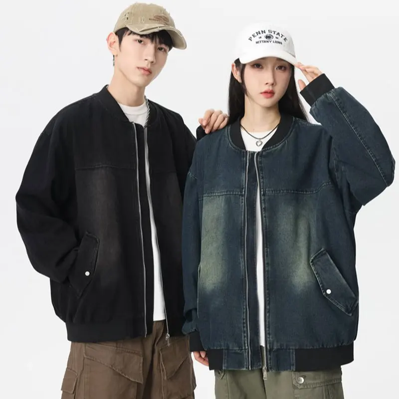 Spring Autumn Sports Jacket Casual Collared Jacket Unisex Fashion Leisure Sports American-Style Stand-Up Collar Denim Jacket