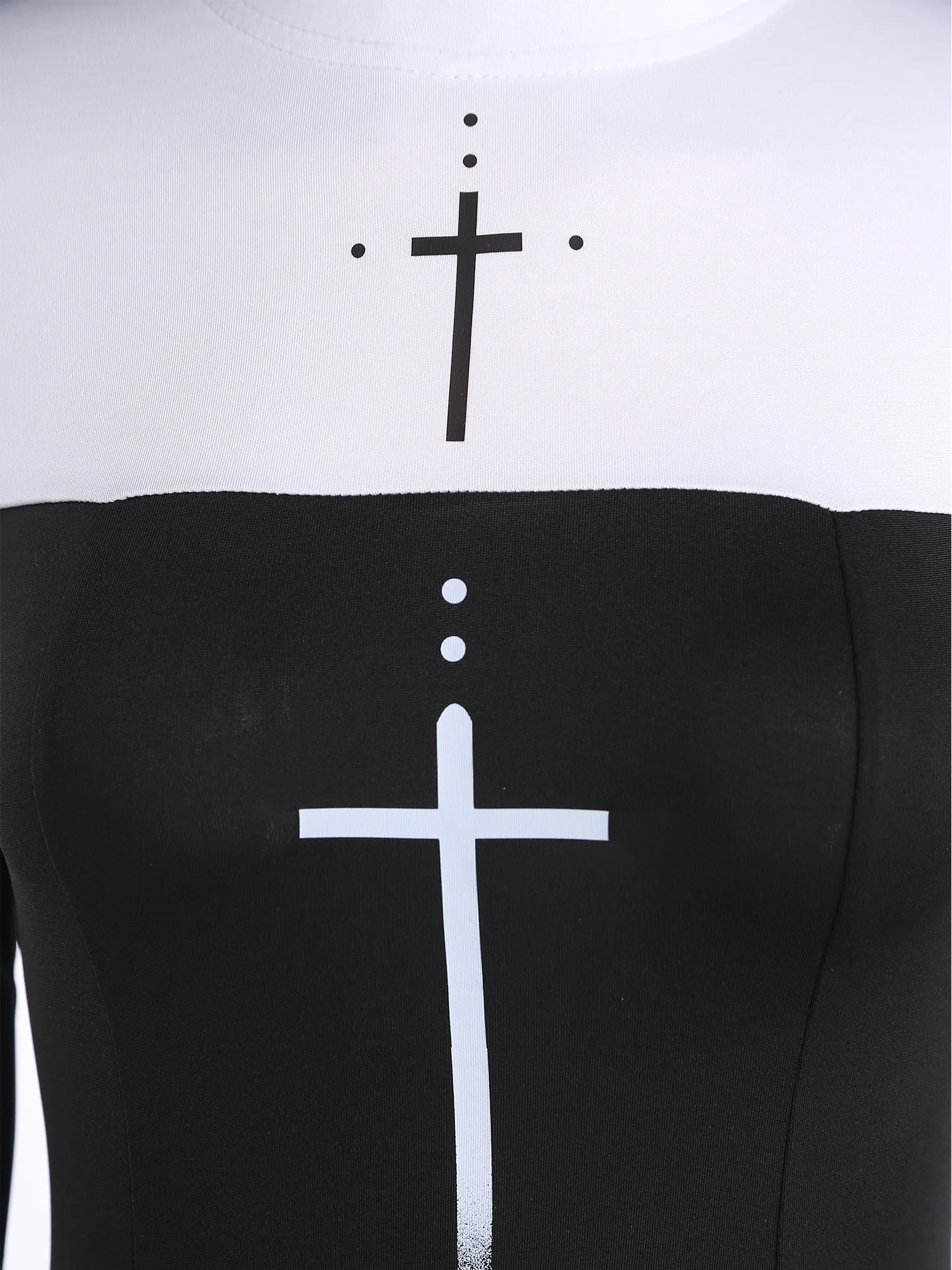 Womens Nun Cosplay Dress with Veil Cross Print Mesh Long Sleeve Slit Hem Dresses with Attached Veil Carnival Fancy Dress Ups view 5