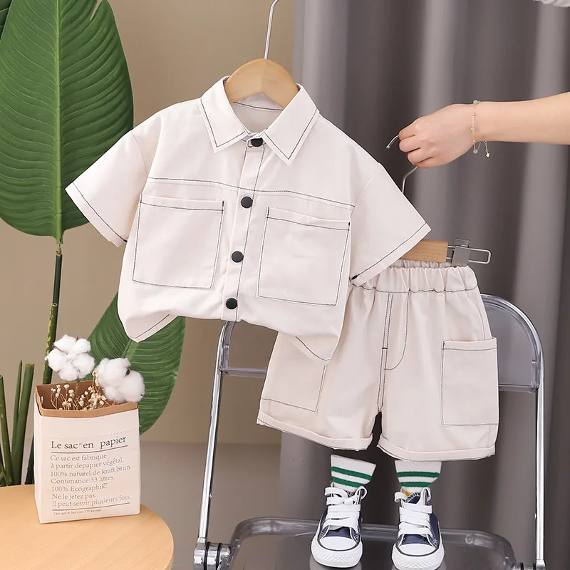 Kids Baby Boy Summer Clothes Set 2024 Fashion Solid Color Turn-down Collar Short Sleeve T-shirts and Shorts Infant Boys Outfits