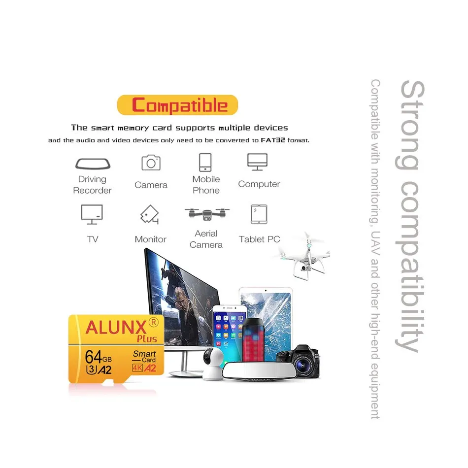 ALUNX 100% oryginalna karta Micro TF SD 256G U3 128GB 64GB 32GB Karta pamięci Flash klasy 10 Obsługa telefonów komórkowych UAV itp. Czytnik kart