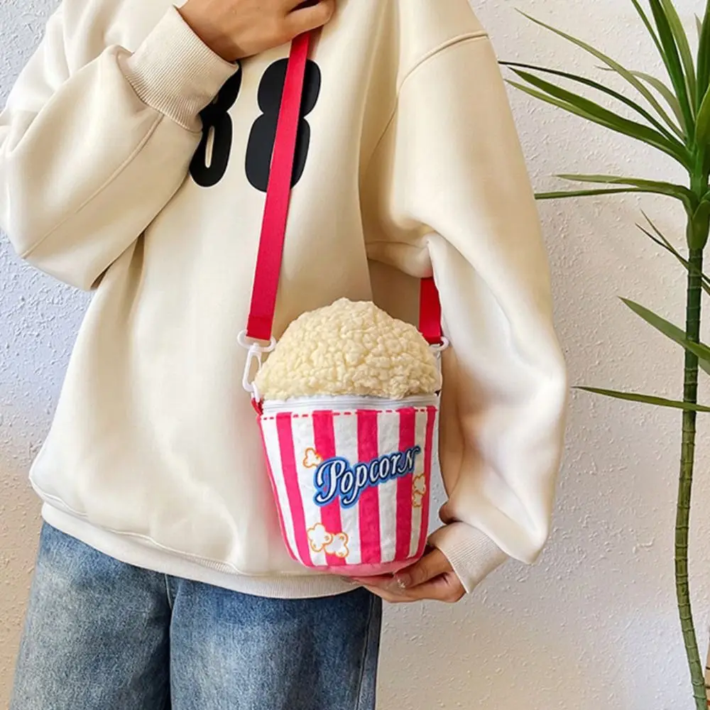 

Personality Cartoon Popcorn Shoulder Bag Adjustable Strap Soft Popcorn Crossbody Bag Plush Funny Creative Bucket Bag Women